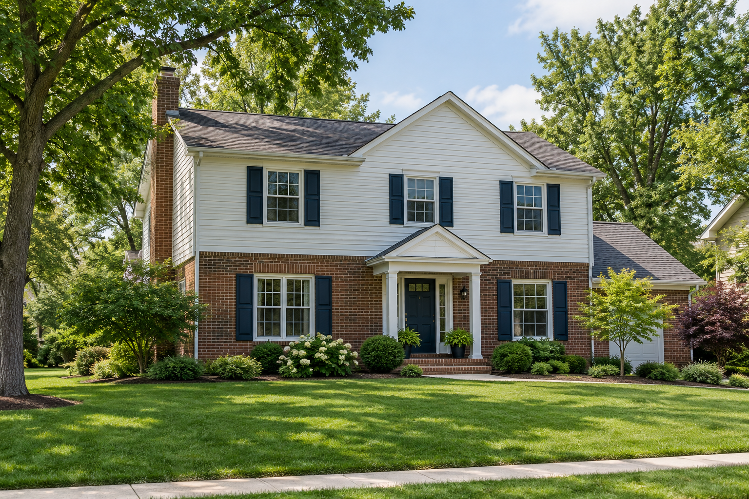Illustrative brick home with mature trees and a welcoming front entrance